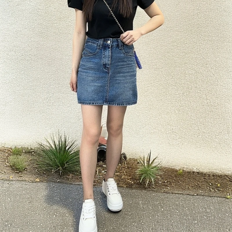 2025夏季牛仔裙时尚高腰a字裙深蓝色显瘦显高百搭洋气防走光裙子