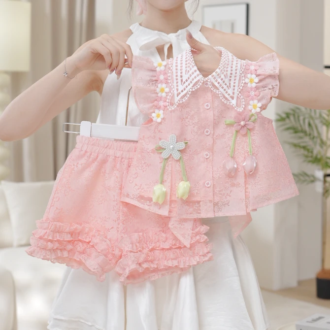 2025夏季新款女童高级粉郁金香无袖上衣短裤套装两件套SA30147