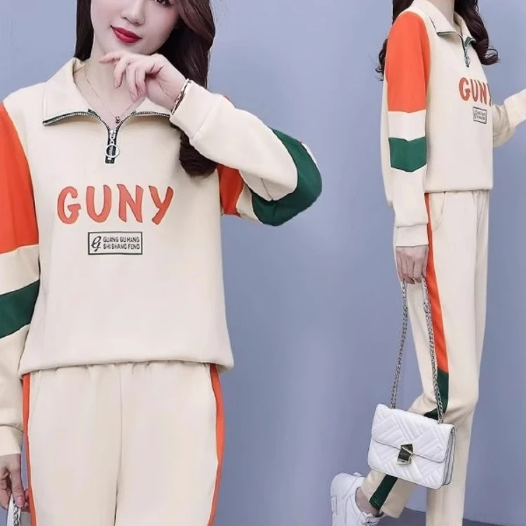 运动套装女春秋2025新款洋气印花减龄宽松妈妈休闲立领卫衣两件套