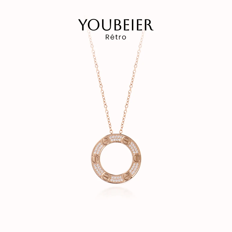 YOUBEIER 玫瑰金色满钻圆环项链女小众设计轻奢高级感锁骨链爆款