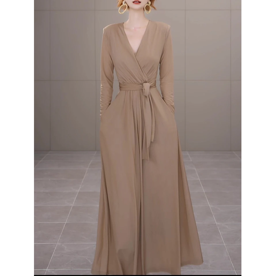 高级感时尚韩版长袖连衣裙2025春秋新款轻奢洋气收腰修身显瘦长裙