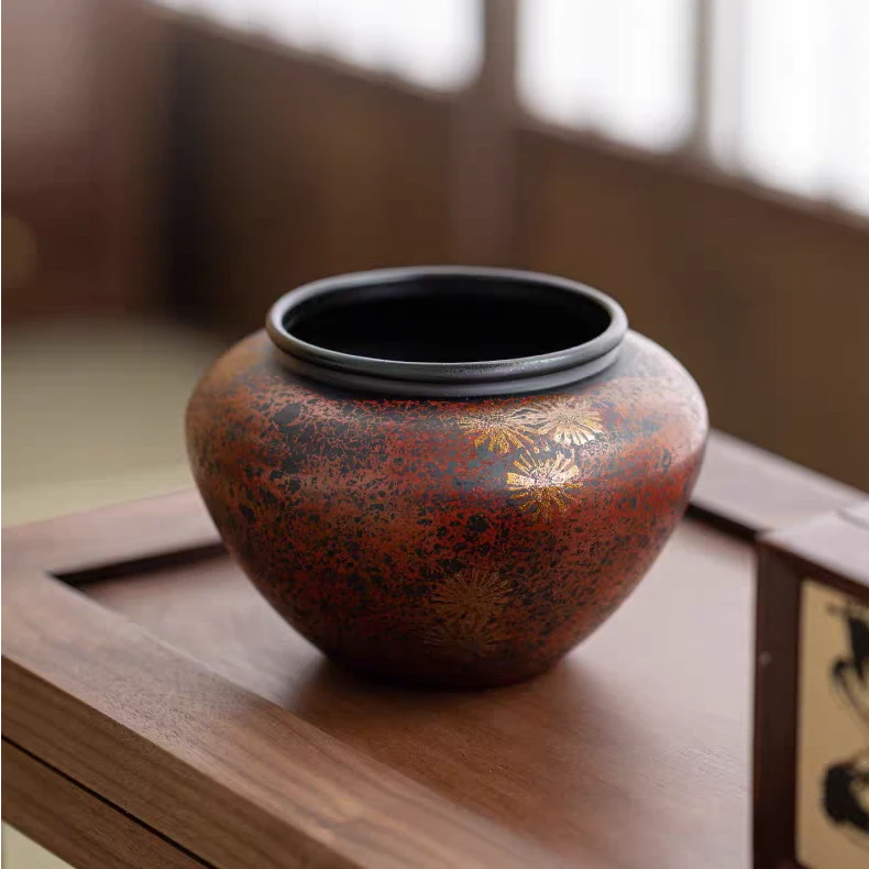 中式茶盂大漆老铁茶洗小号家用干泡茶渣缸废水缸建水复古水方水盂