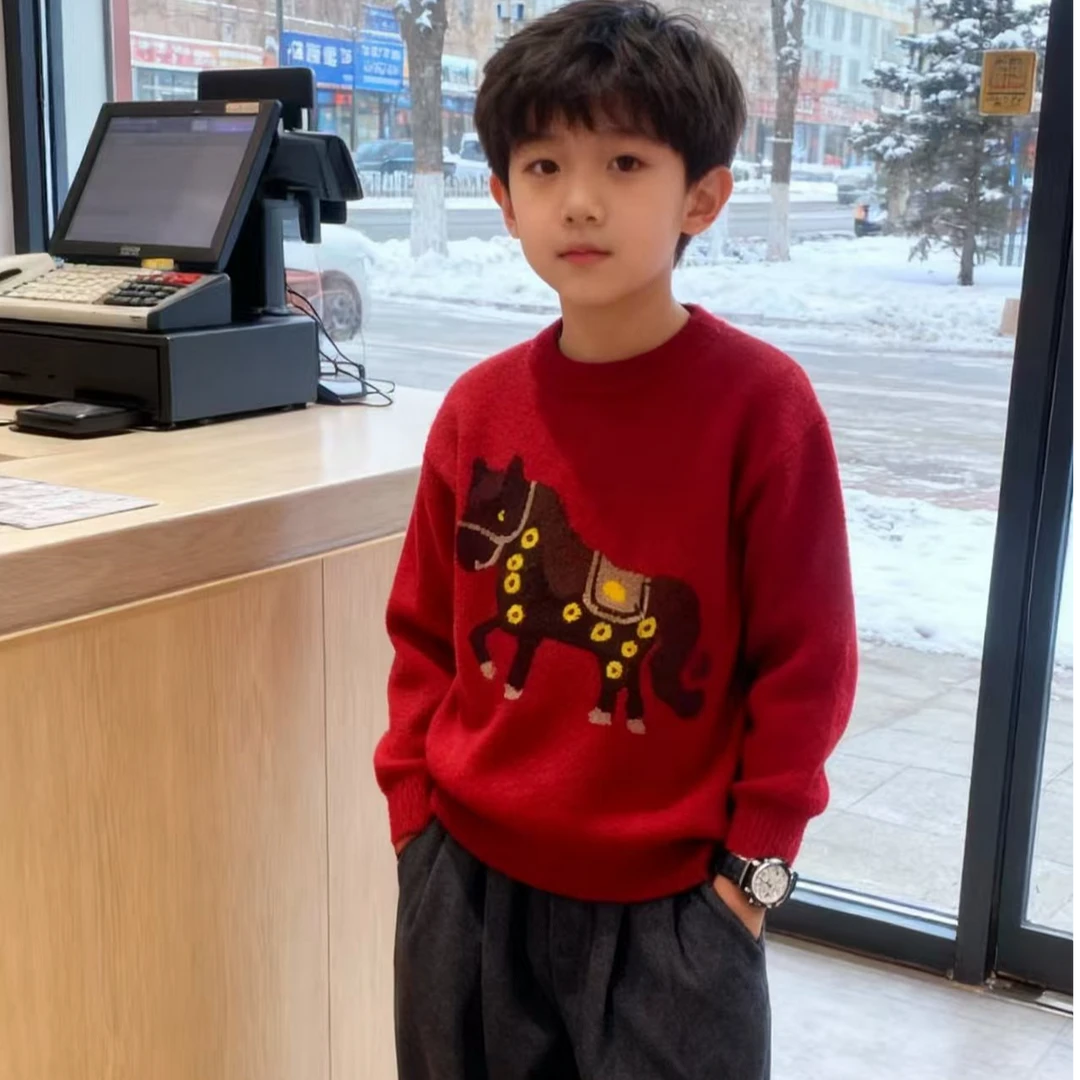 【马上有钱】不起球红色男童男童刺绣小马毛衣加厚加绒拜年战袍