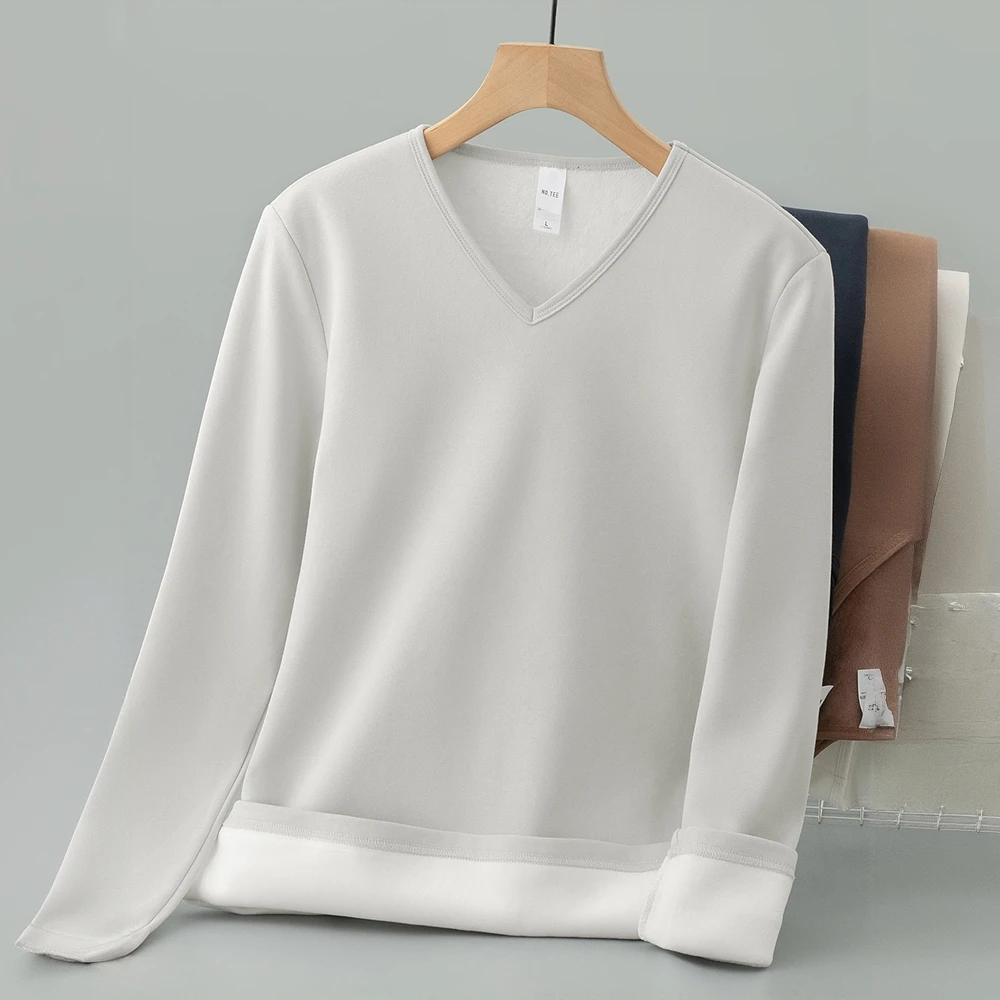 FANCBUDY纯色t恤男士长袖秋冬季保暖加绒加厚V领内搭打底衫舒适