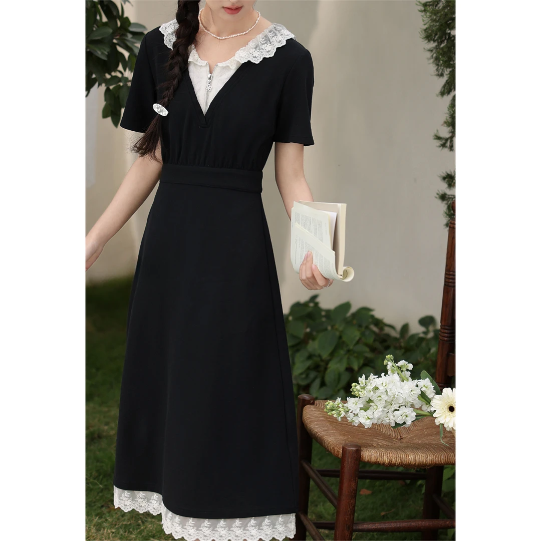 现货【品牌撤柜款ZB】黑色高级感蕾丝拼接连衣裙高腰长裙L53919