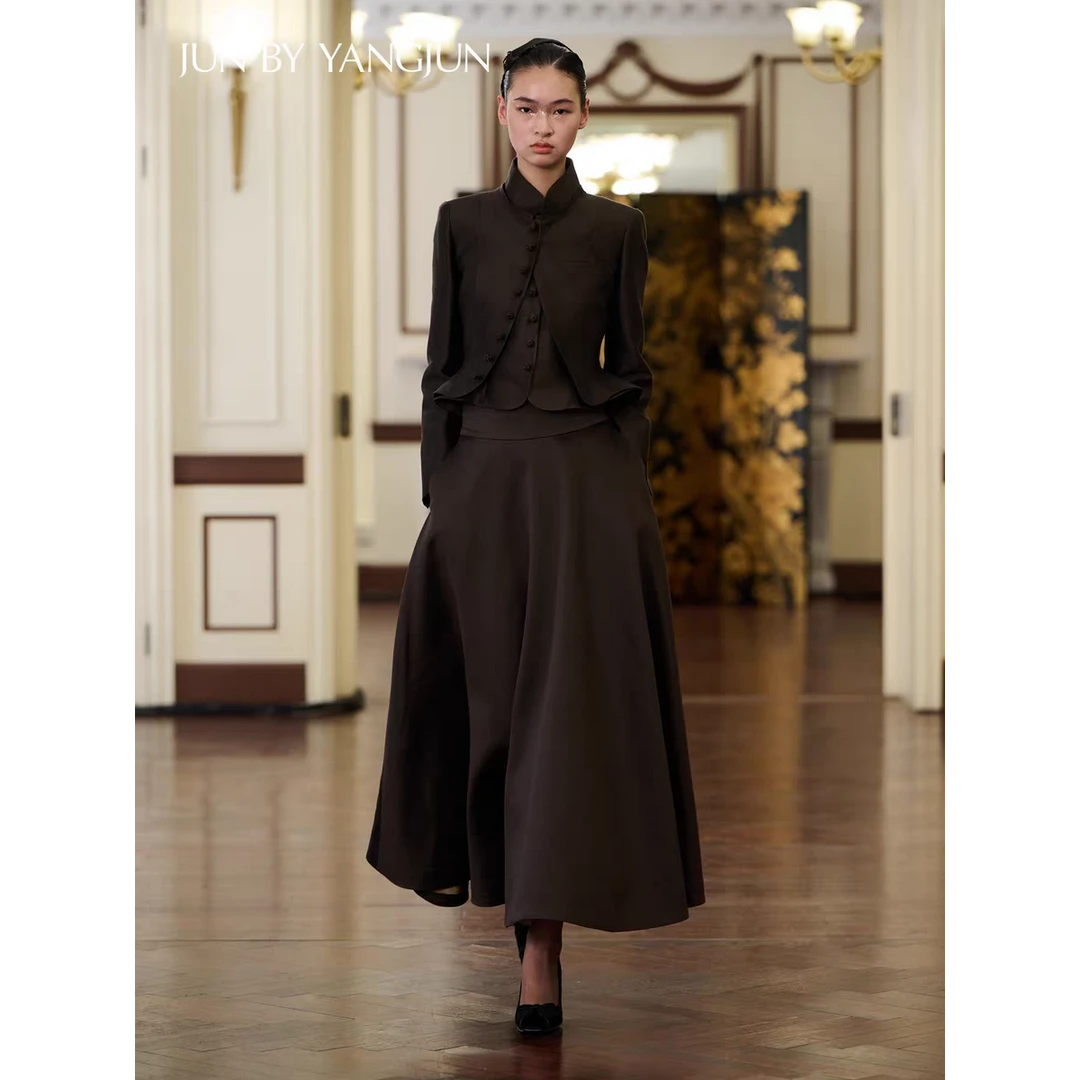 JUNYANG 茶褐丝毛圆摆伞裙女新中式半身裙