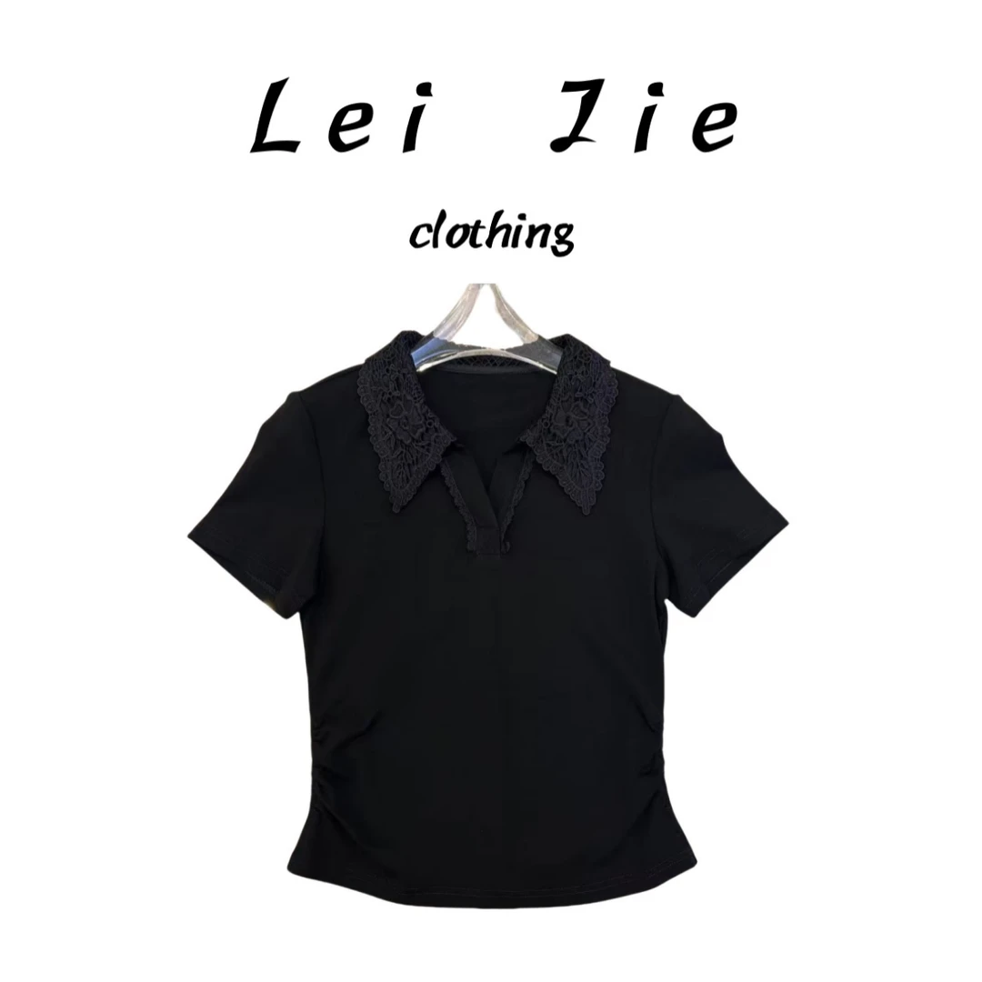 【Lei Jie】欧货蕾丝钩花小翻领收腰T恤1077