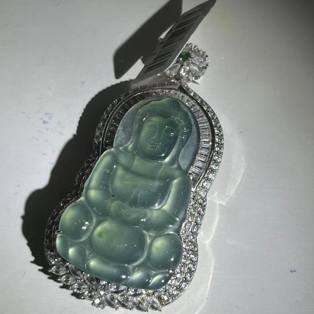 【J0211】天然A货镶嵌雕刻轻奢高冰精雕时尚宝宝种翡翠观音吊坠