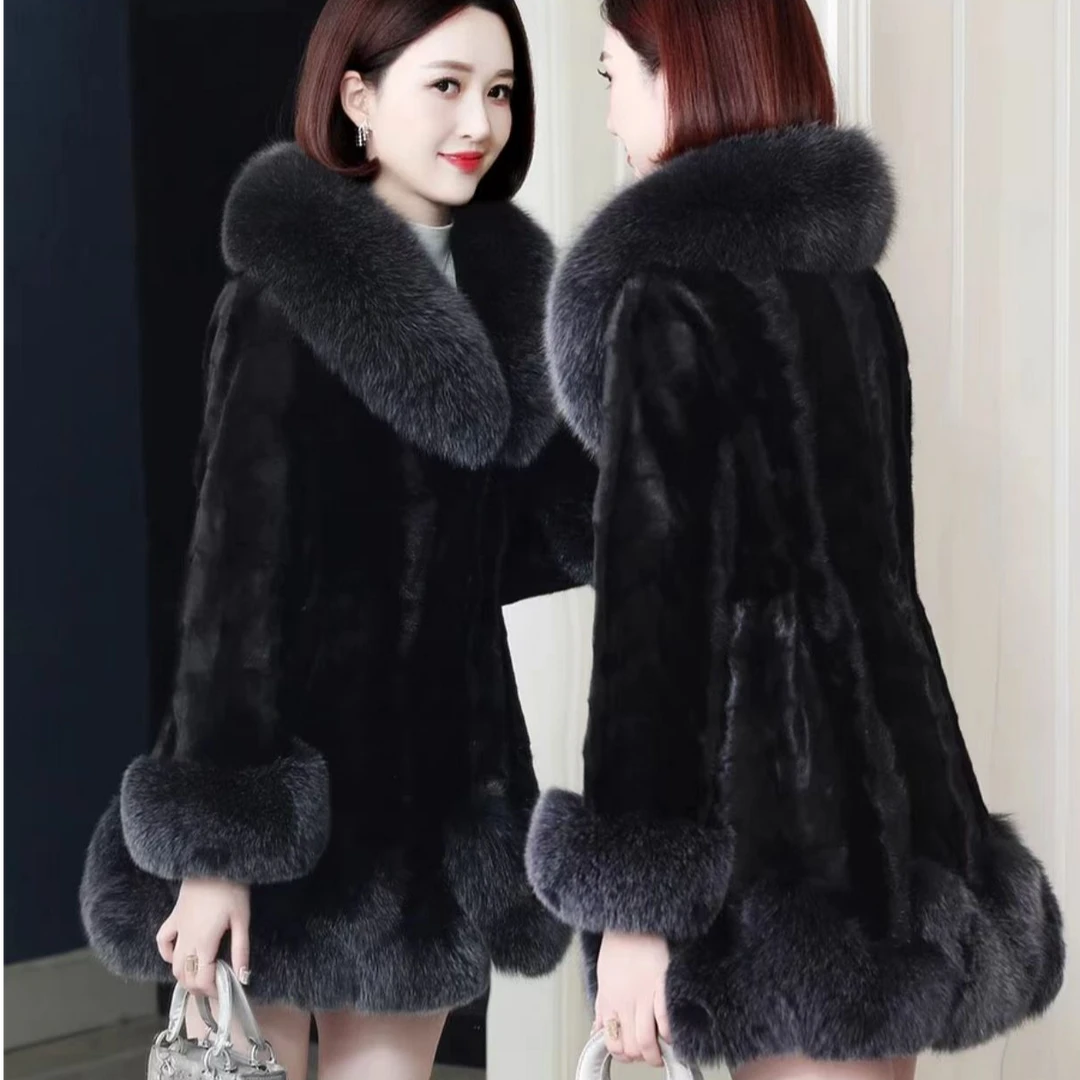 水貂皮草女中长款整狐狸毛领2025款皮毛一体时尚高贵气质貂皮外套