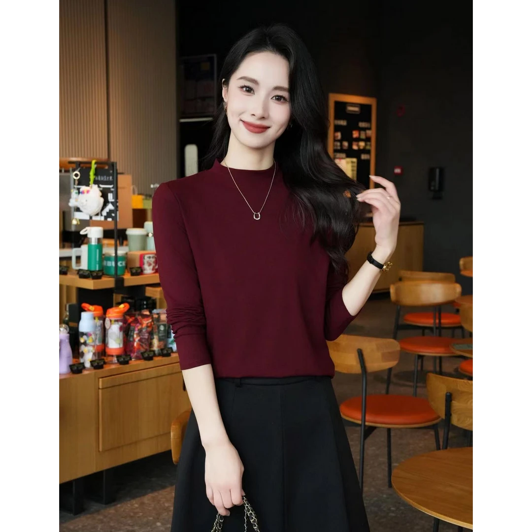 精品弹力棉长袖立领纯色显瘦基础款简约百搭女装上衣打底T恤802.