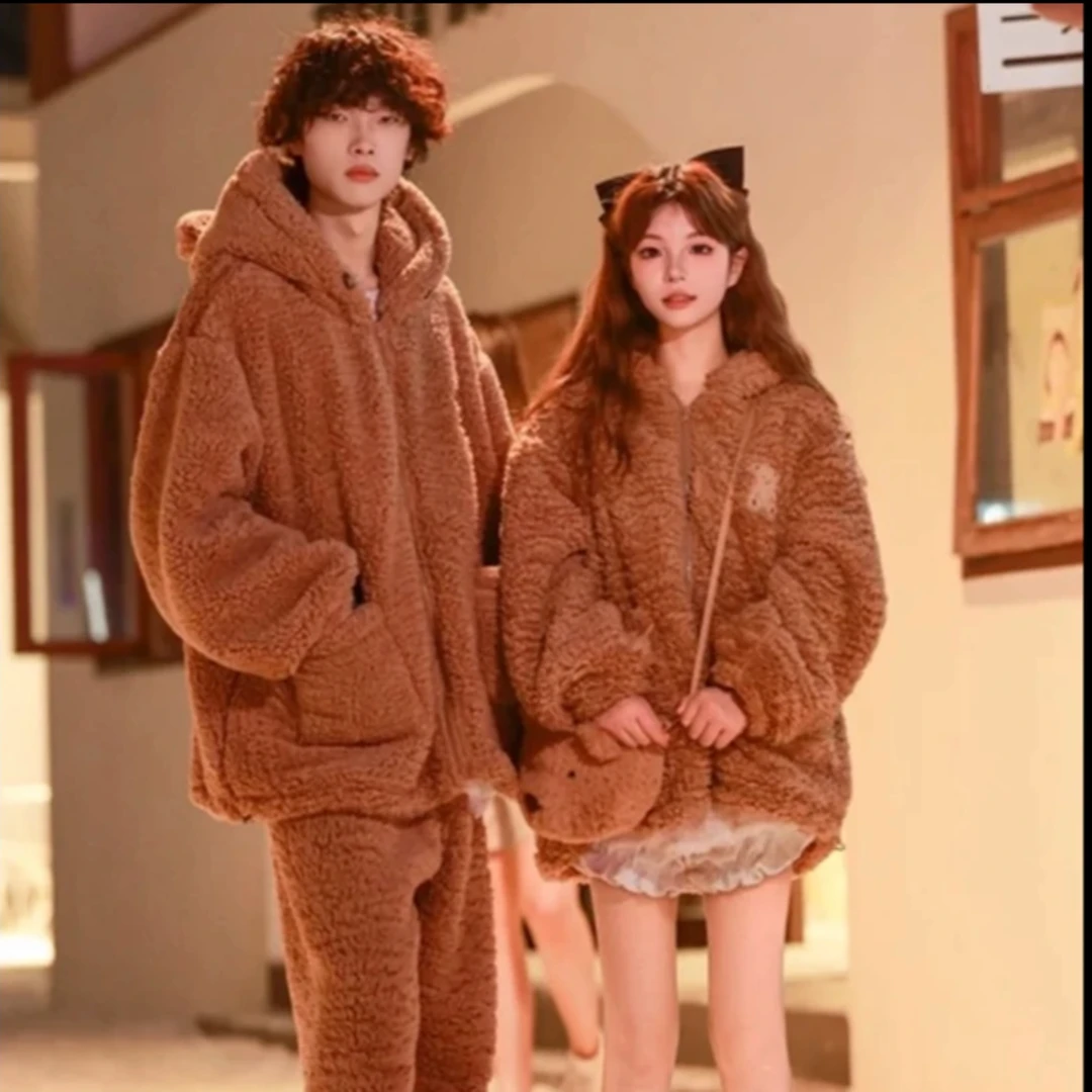 【北羔绒加厚】小熊加绒加厚连帽美拉德色情侣睡衣家居服套装保暖