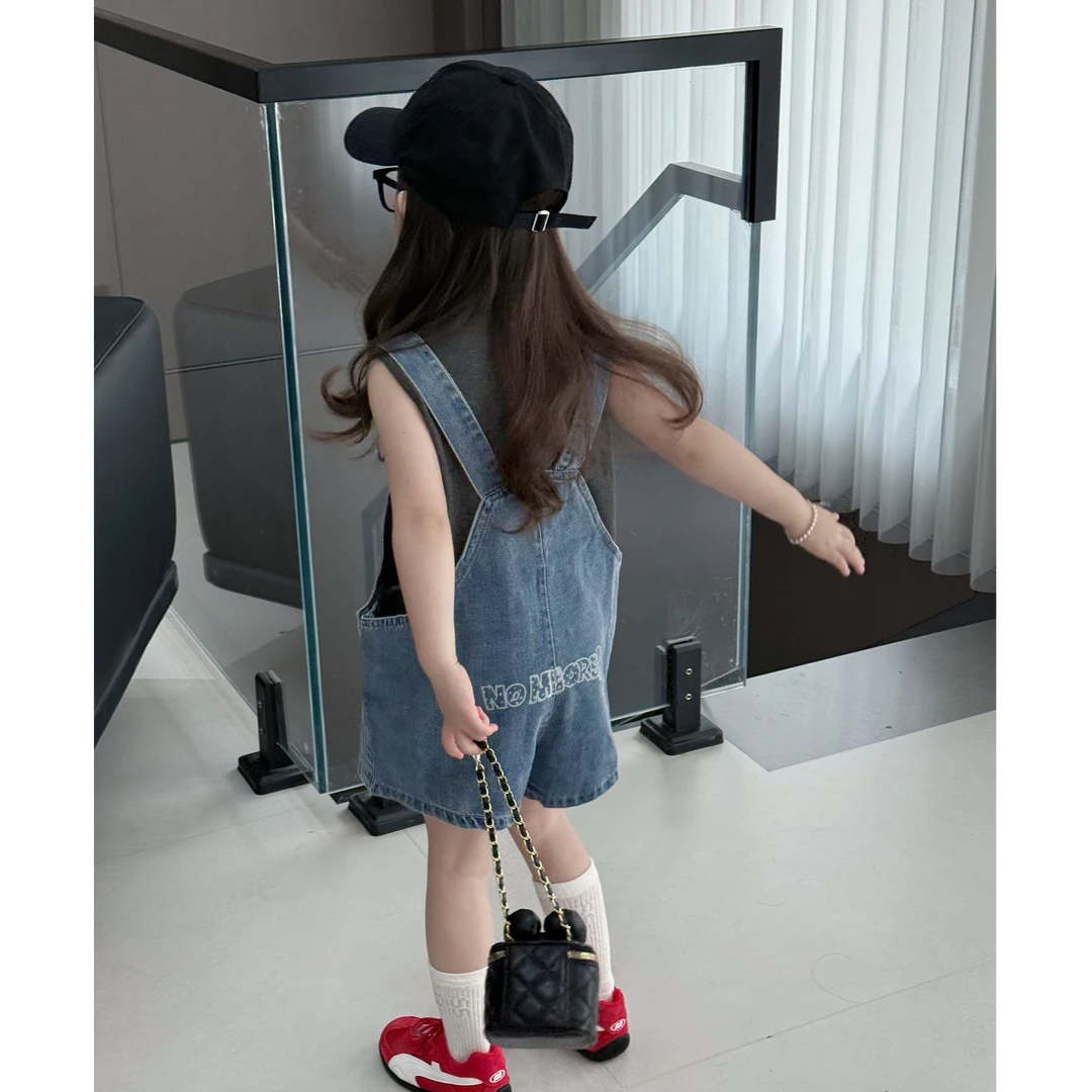 2025夏季女童百搭背心牛仔裤套装女宝宝纯色无袖衫背带短裤两件套