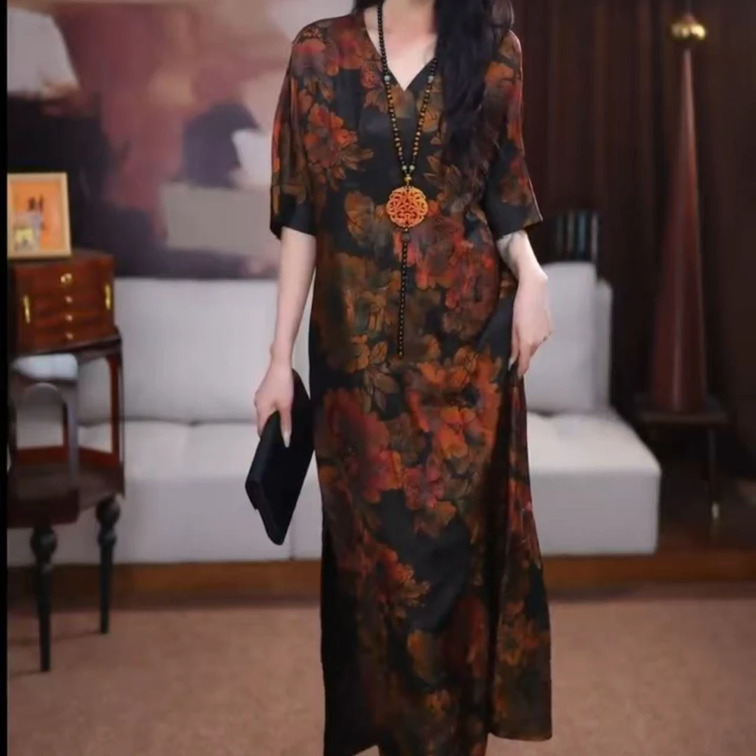 【锦暄】香云纱非遗原创设计长款百搭夏季清凉气质新中式国风连衣裙