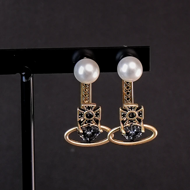 铜合金耳饰 直针耳钉银针土星星球宇宙415镶嵌时尚金色