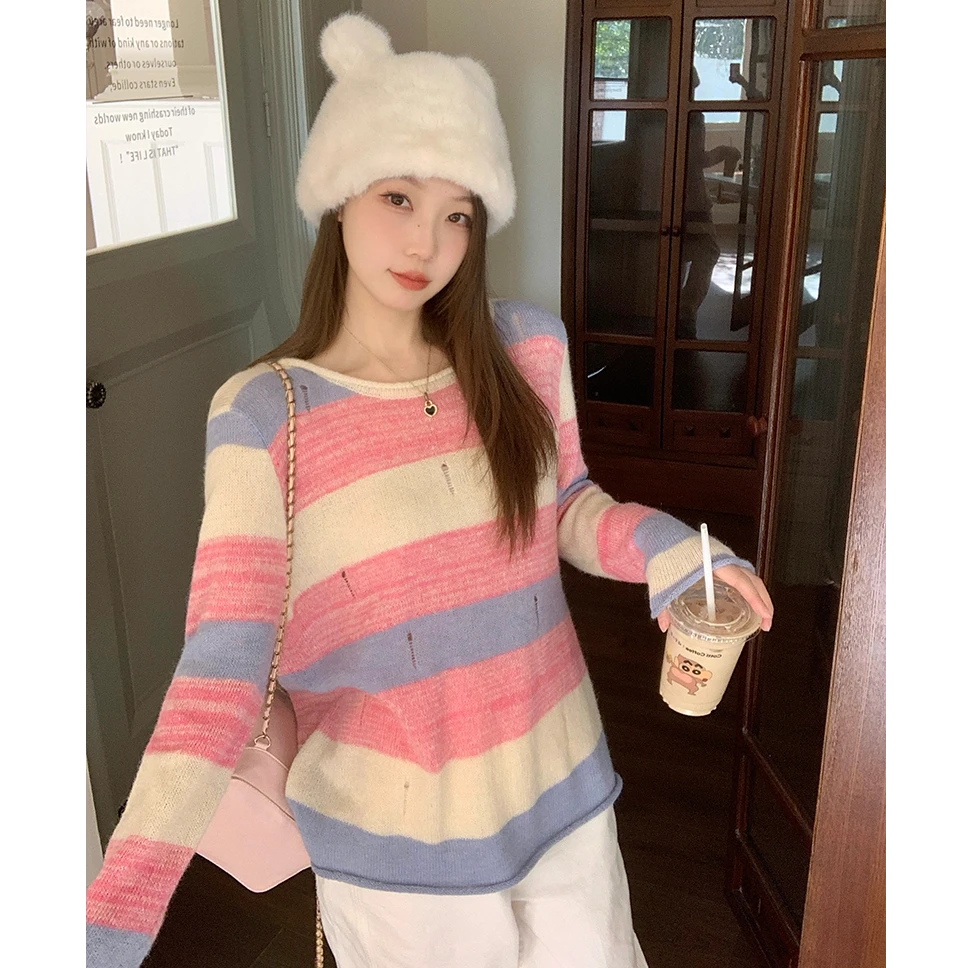 2025秋季多巴胺穿搭撞色条纹毛衣设计感慵懒针织衫68645