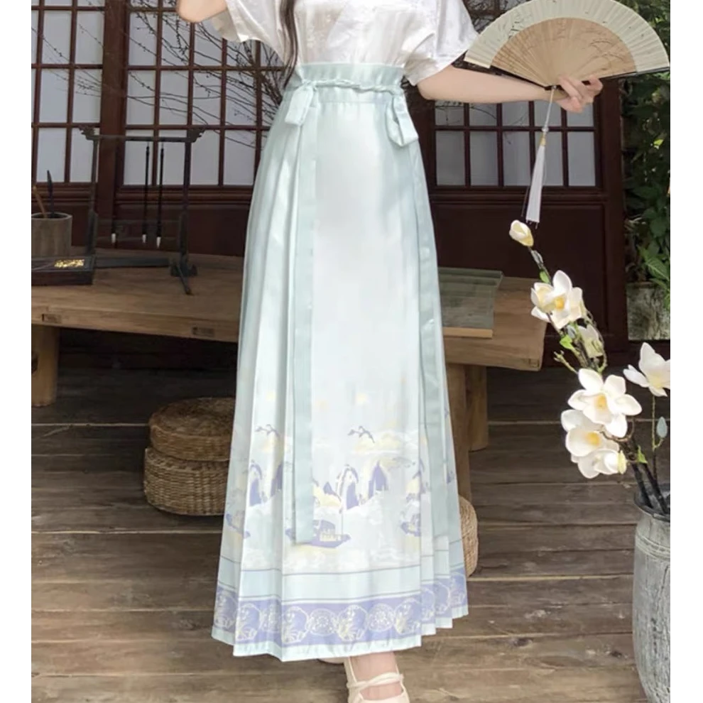 O4393夏季薄款女新中式国风马面裙成人高腰显瘦醋酸缎面半身裙