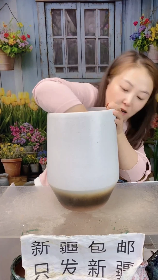 029白色咖底大陶盆一个装  口19高27