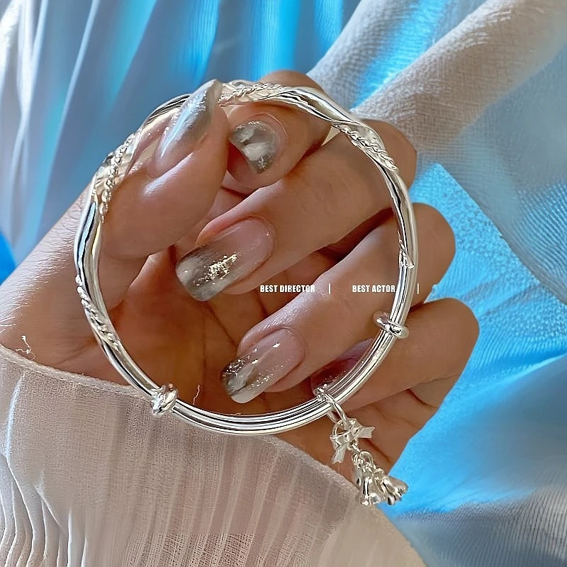 足银手镯 【32号】足银999.9银丝缠绕风铃推拉款气质时尚手工气质