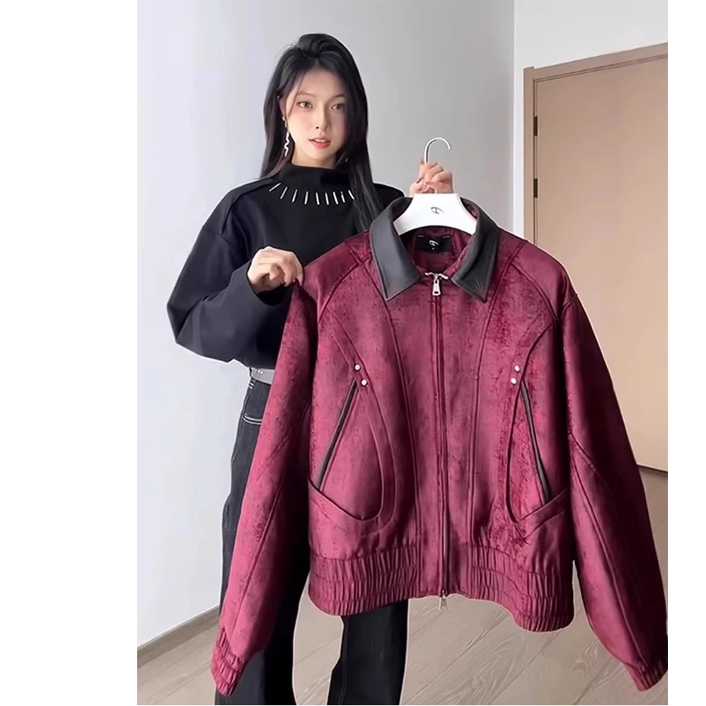 美式复古翻领夹克男女春秋季情侣高级感高街cleanfit短款宽松外套