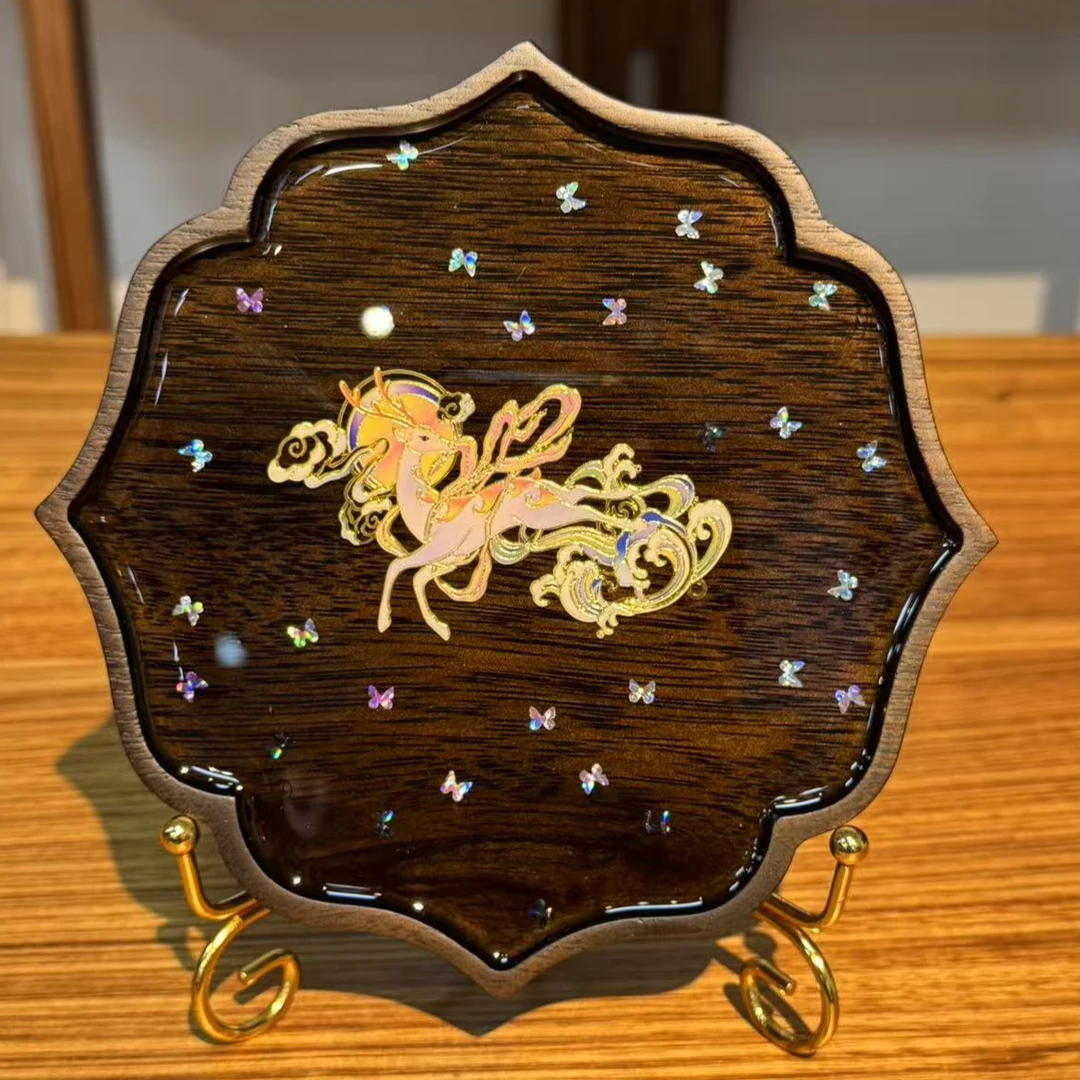 龙福木艺 金丝柚木 九色鹿葵花 螺钿壶承 17*17*2cm 185
