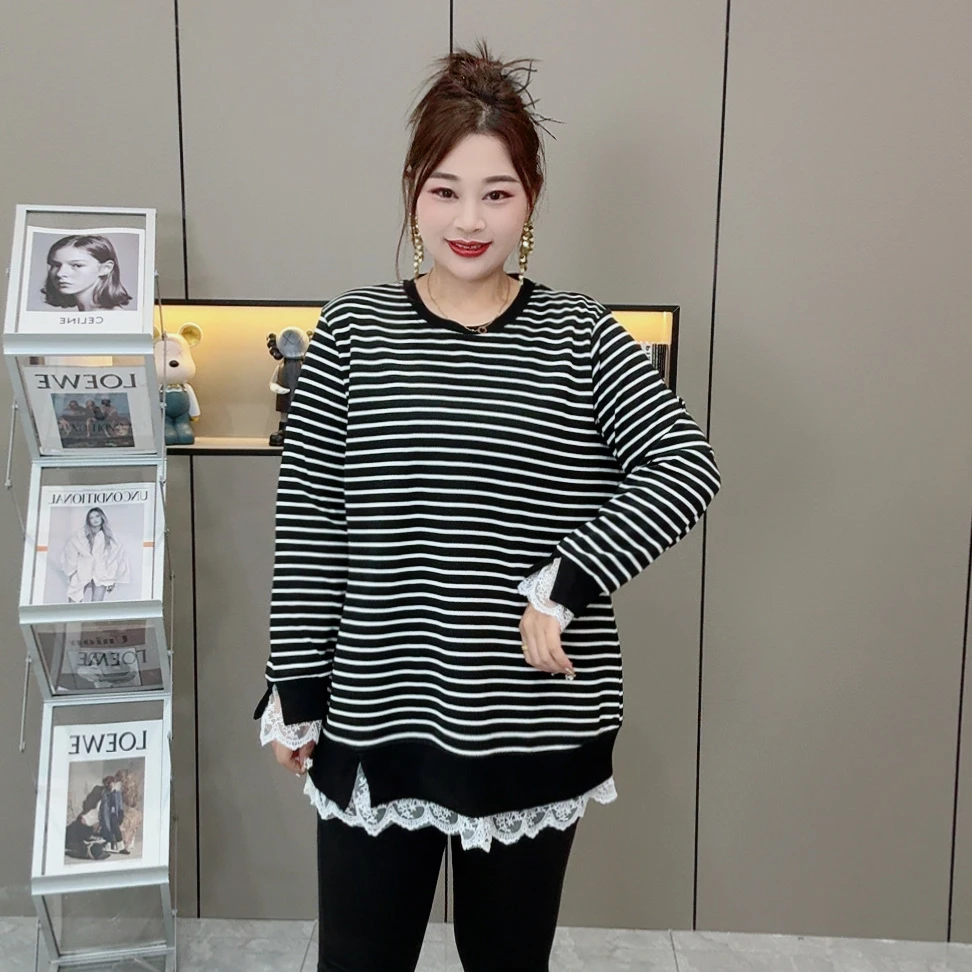 【假两件】2025早春减龄洋气花边假两件条纹大码女装卫衣大衫中长款