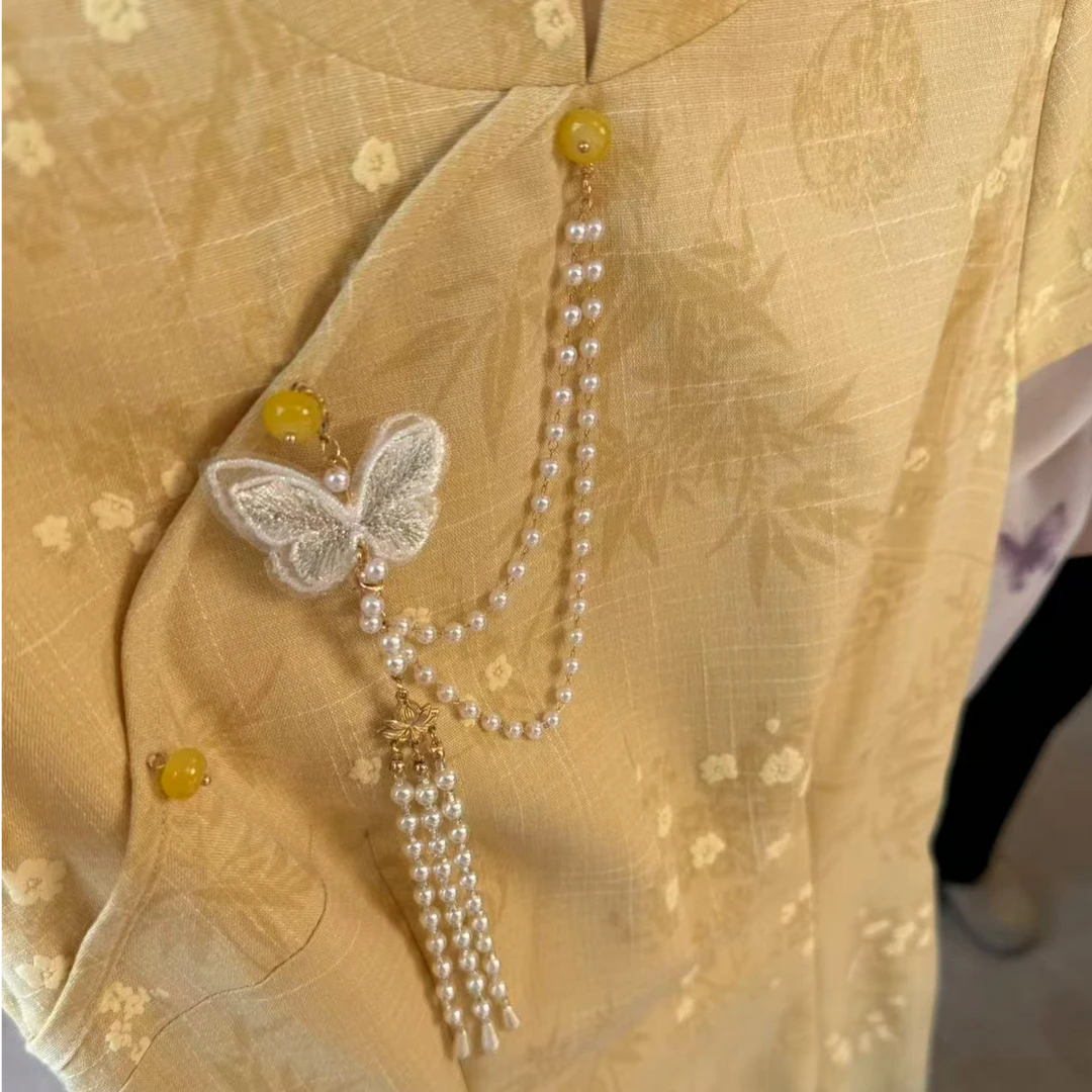 铜合金仿珍珠胸针 国风旗袍压襟茶服蝴蝶流苏气质简约