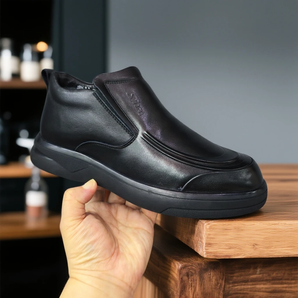 羊毛皮鞋侧拉链素面中帮舒适耐磨纯色休闲皮鞋保暖防滑真皮冬季