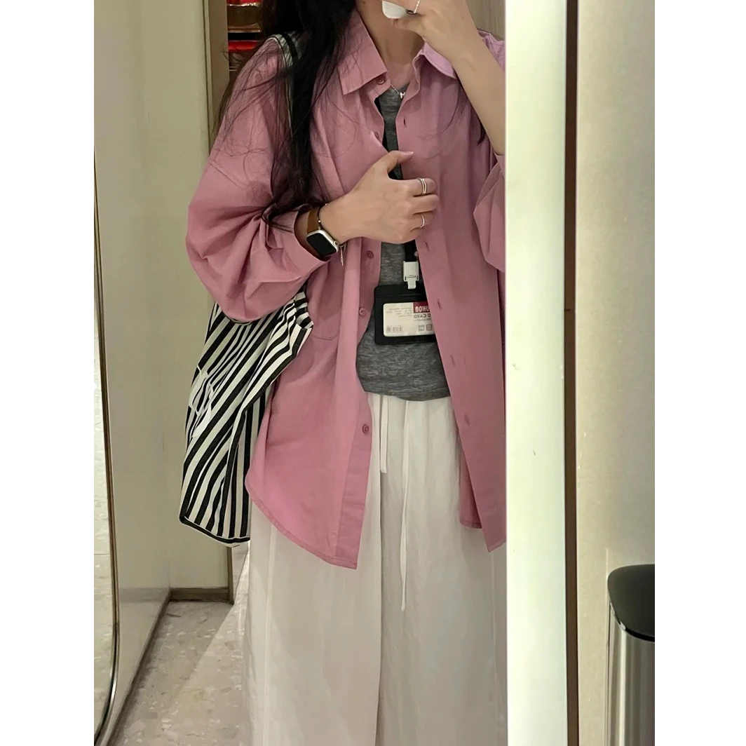 韩系树莓粉长袖衬衫女2025早秋新款薄款慵懒宽松休闲衬衣外套