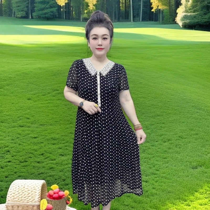 连衣裙裙子A字裙遮肚韩版长裙常规中腰波点时尚洋气方领妈妈装