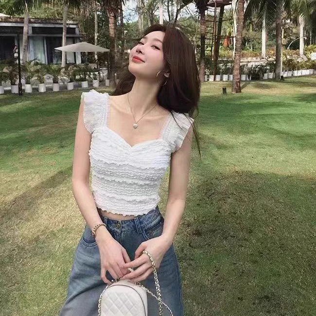 张贝贝白栀茉莉甜美感蕾丝弹力法式修身显瘦休闲百搭短款背心上衣
