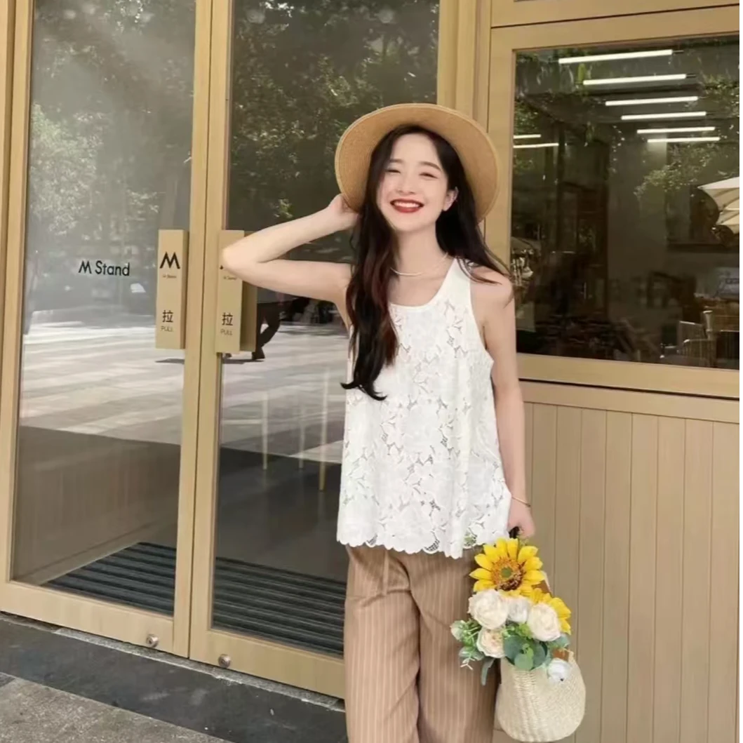 GIRDEAR/哥弟夏季新款小众百搭蕾丝无袖提花短款背心1001-300804