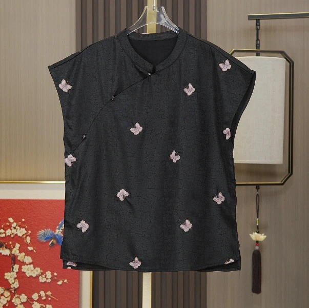 【刺绣蝴蝶】新中式龟裂纹黑色刺绣短袖桑蚕丝夏季复古高级宽松上衣
