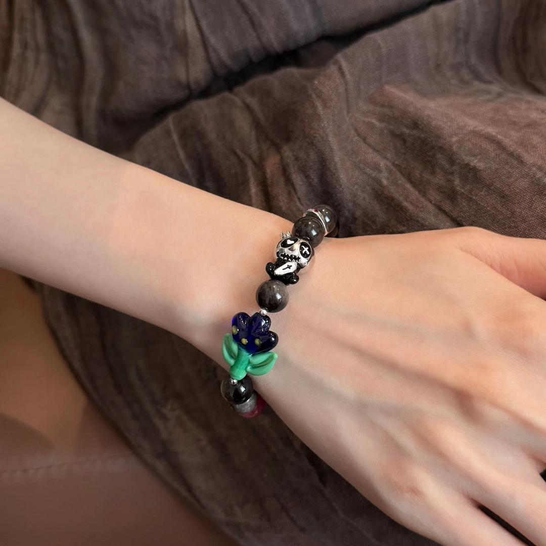 925银手链 大头姐S11125 可爱风蓝色花朵骷髅小熊曜曜串珠手链