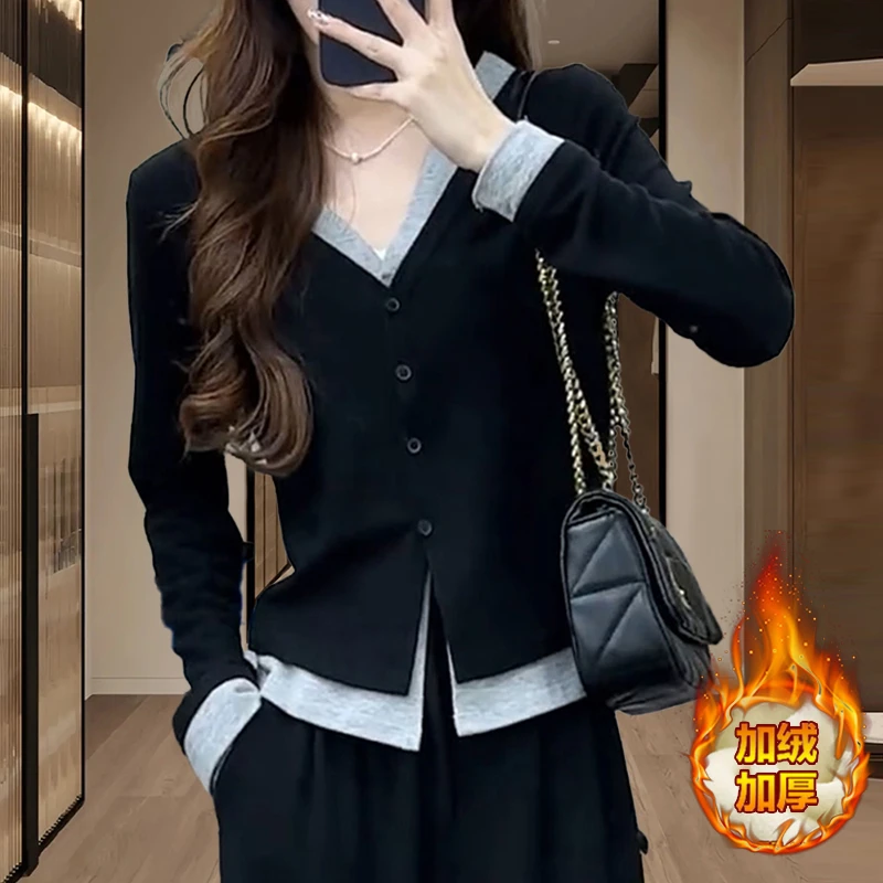 加绒加厚假两件长袖针织衫女秋冬新款小个子修身显瘦正肩打底上衣