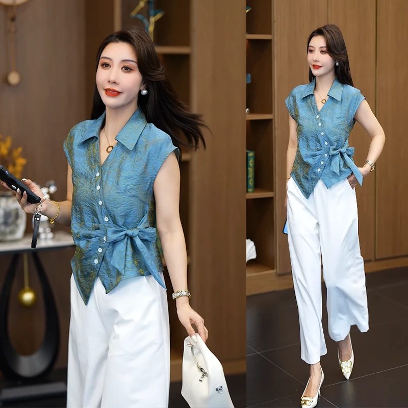 夏季新款时尚设计感上衣女V领不规则系带纯色小飞袖衬衫