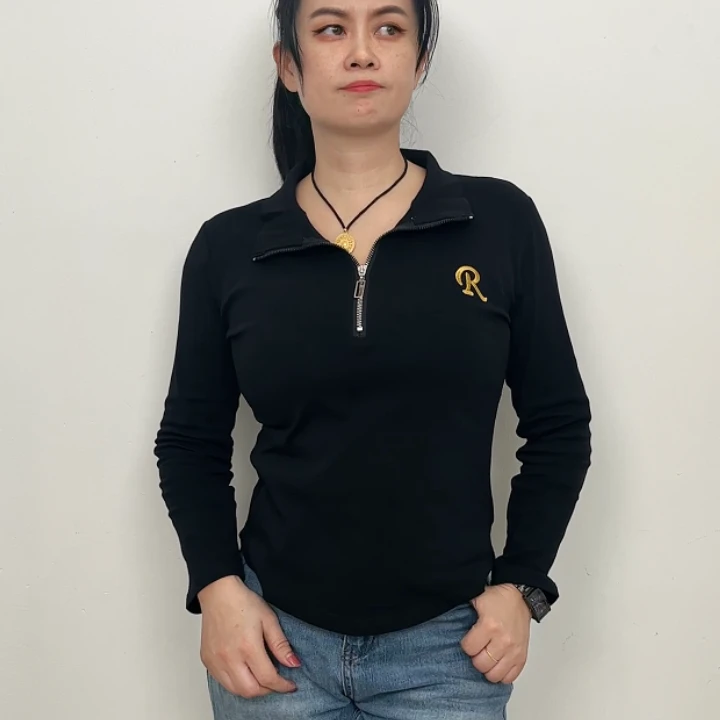 半拉链翻领字母刺绣长袖T恤棉修身黑色百搭运动打底衫内搭卫衣女