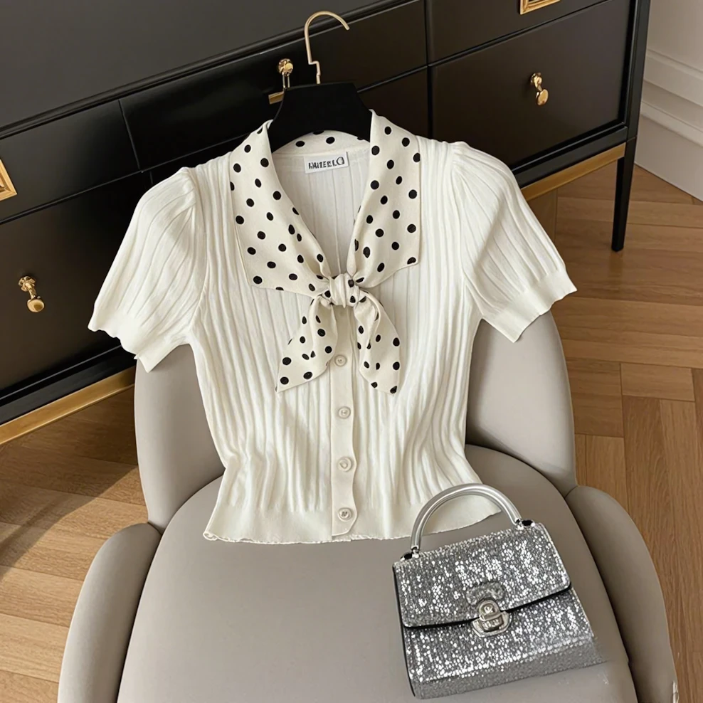 韩版波点蝴蝶结领带短袖t恤女夏季2025年新款设计感修身显瘦上衣