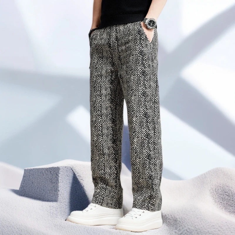 宾斯洛特复古人字纹休闲裤男夏季新款潮牌宽松垂感时尚直筒裤子男