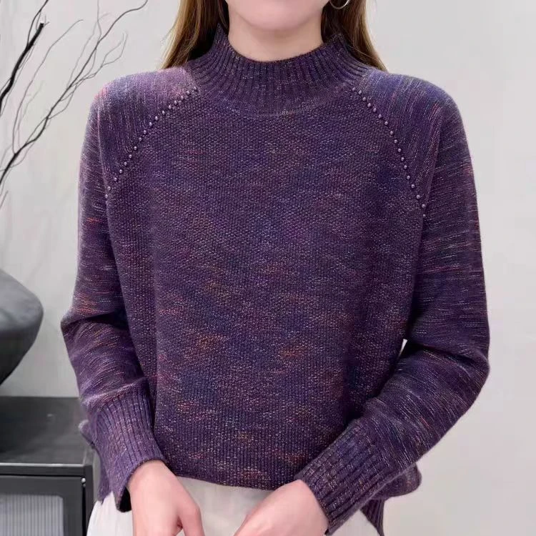 【星云】25年秋冬新款半高领花纱钉珠针织衫女百搭洋气内搭打底衫