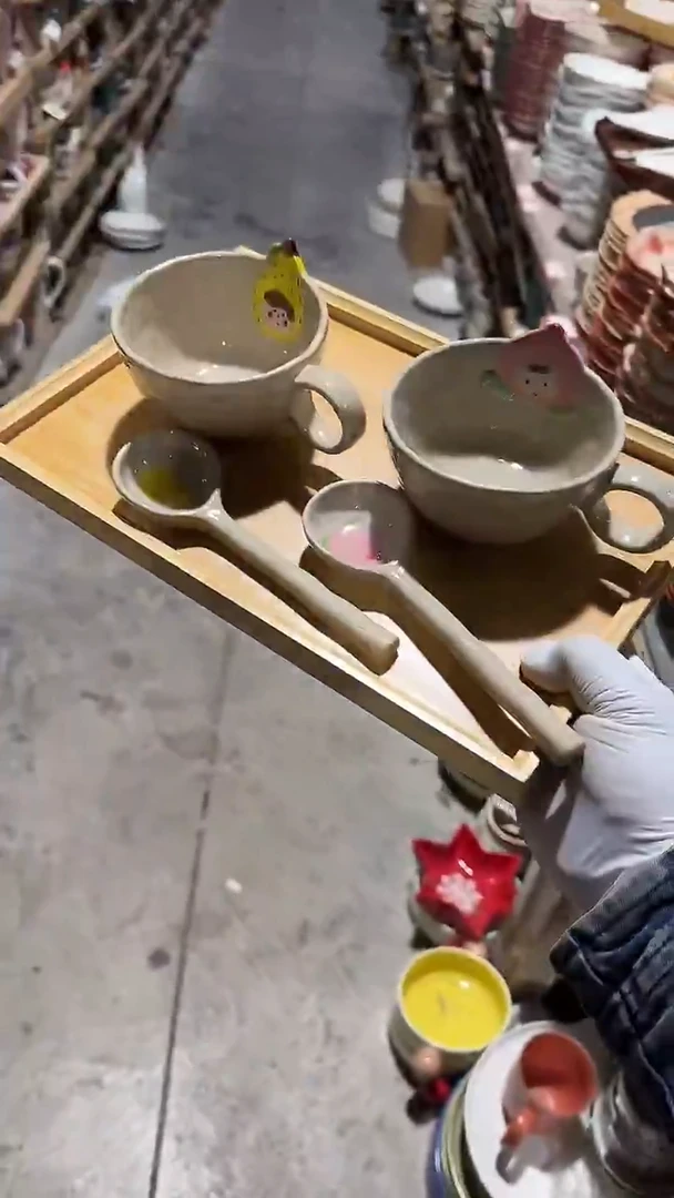 陶瓷杯子勺子4件套不带木托盘微瑕 凑满20元包邮