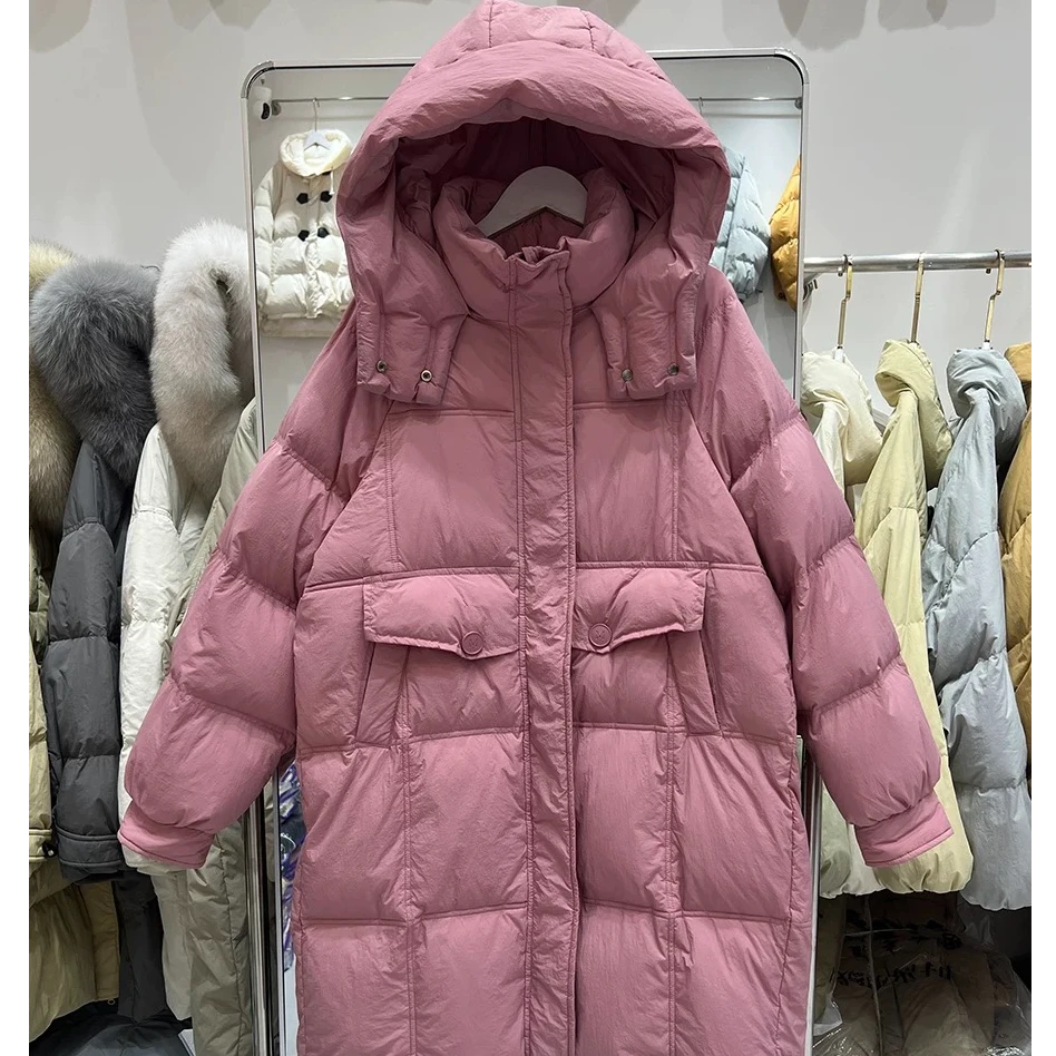女式中长款白鸭绒羽绒服连帽前口袋加斜插袋独设计时尚大方百搭
