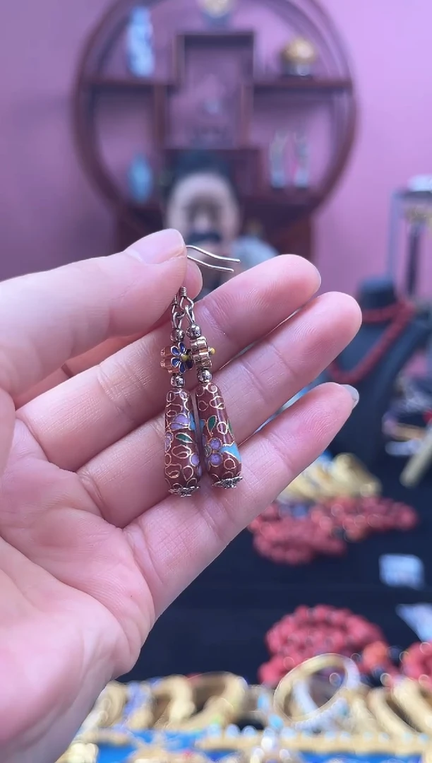 7****s非遗 景泰蓝耳饰 水滴 砖红