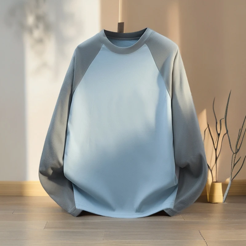 男士长袖卫衣新款秋冬季时尚简约T恤拼接圆领套头打底衫舒适透气