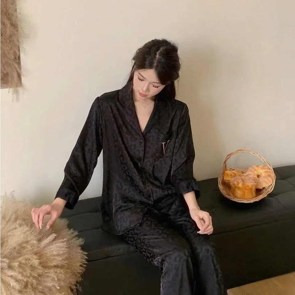 【缎面好面料】【V黑色豹纹提花】春秋款长袖长裤睡衣套装
