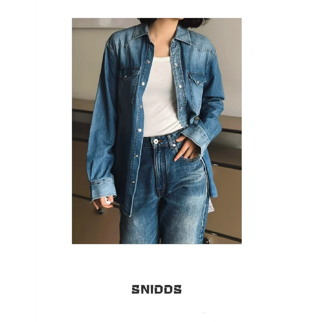 1/15 女士春季 美式复古丹宁风 棉质水洗牛仔衬衫