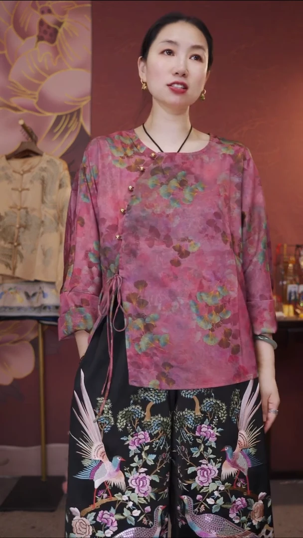 新中式花上衣早秋款长袖【橘色/紫色/绿色L XL XXL XXXL】拍下备注