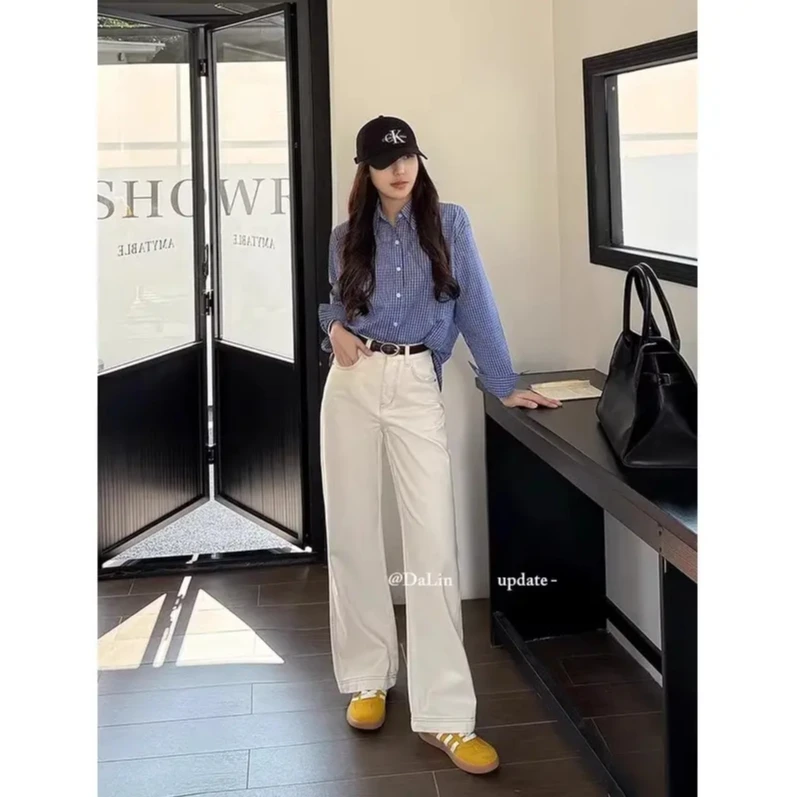 【现货现发送腰带】早春新款米杏色牛仔裤女高腰宽松显瘦窄版阔腿裤