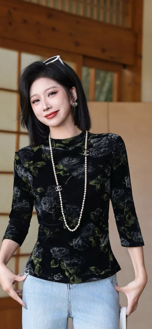 长袖时尚洋气提花常规款修身朋克风圆领有弹力T恤8059