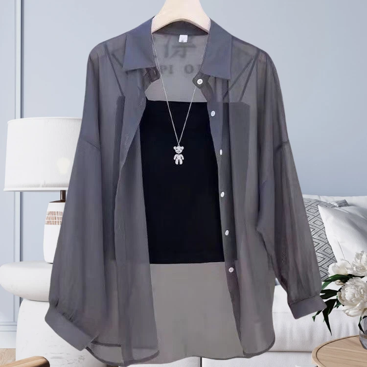 防晒衬衫夏季珠光纱透气轻薄中长款防晒衣外套韩版薄款纯色户外