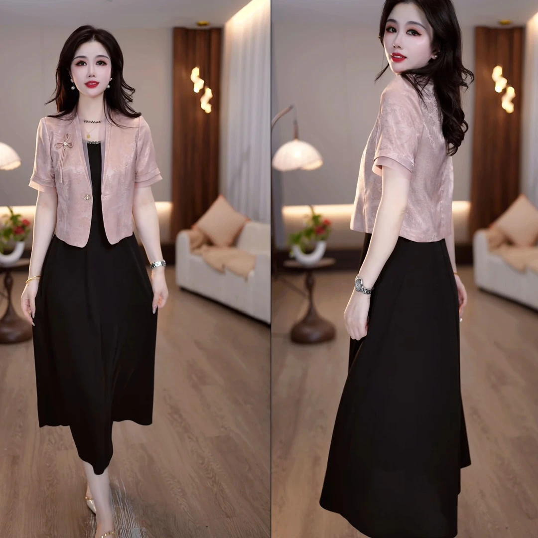 2025夏款花草纹路缎面V领短外搭+背心连衣裙两件套M-4XL